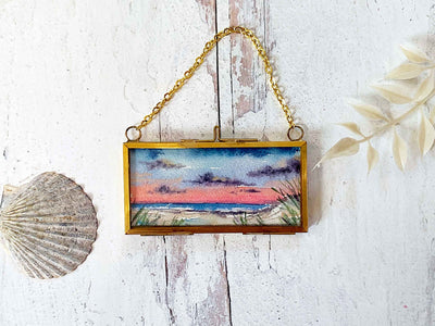 Seashore Sunset Mini Original Painting in Hanging Brass Frame