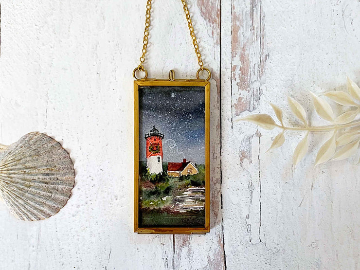 Nauset Light Christmas Mini Original Painting in Hanging Brass Frame