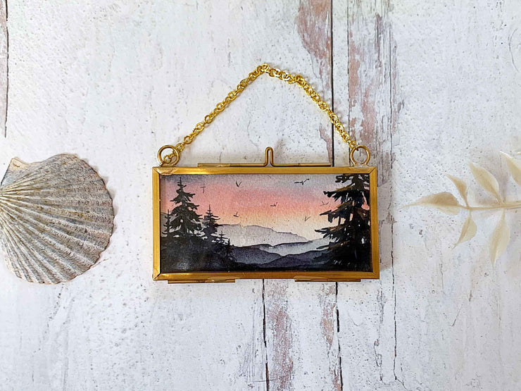 Mountain Skies Mini Original Painting in Hanging Brass Frame