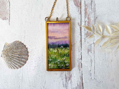 Spring Meadow, Mini Original Painting in Hanging Brass Frame