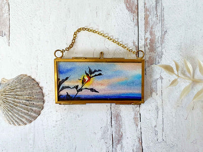 Sunset Silhouette, Mini Original Painting in Hanging Brass Frame