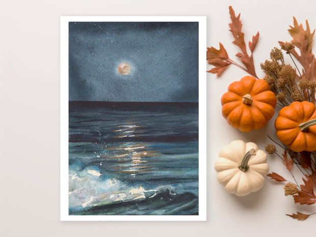 Harvest Moon Over Ocean 5x7 Blank Greeting Card