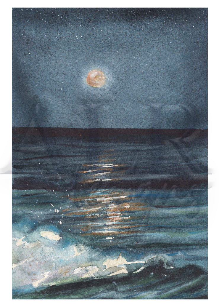 Harvest Moon Over Ocean 5x7 Blank Greeting Card