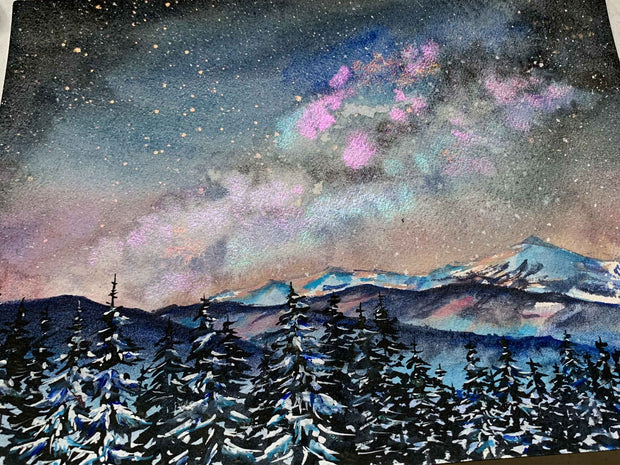 Metallic Mountain Landscape Original Watercolor Painting
