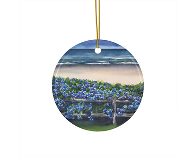 Blue Hydrangea Fence Ceramic Christmas Ornament