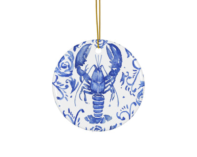 Blue Floral Lobster Ceramic Christmas Ornament