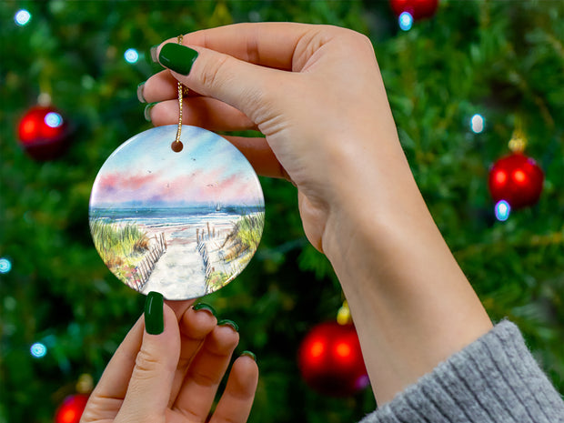 Sunset Beach Path Ceramic Christmas Ornament