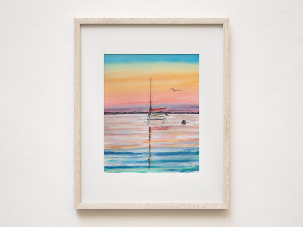 Rainbow Sunset Sail Coastal Watercolor Print – 5x7, 8x10, or 11x14 Fine Art by ALR Designs