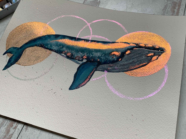 Metallic Right Whale Original Watercolor Painting