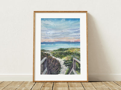 Steps Beach Sunset, Coastal Watercolor Print – 5x7, 8x10, or 11x14 Fine Art by ALR Designs