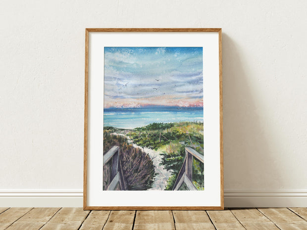 Steps Beach Sunset, Coastal Watercolor Print – 5x7, 8x10, or 11x14 Fine Art by ALR Designs