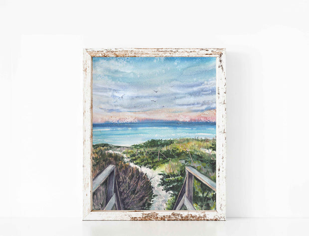 Steps Beach Sunset, Coastal Watercolor Print – 5x7, 8x10, or 11x14 Fine Art by ALR Designs