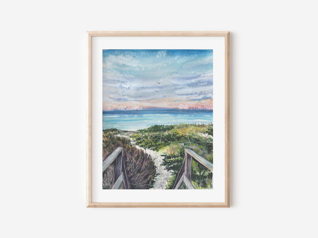 Steps Beach Sunset, Coastal Watercolor Print – 5x7, 8x10, or 11x14 Fine Art by ALR Designs