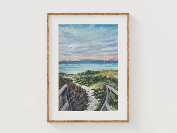 Steps Beach Sunset, Coastal Watercolor Print – 5x7, 8x10, or 11x14 Fine Art by ALR Designs
