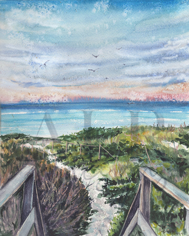 Steps Beach Sunset, Coastal Watercolor Print – 5x7, 8x10, or 11x14 Fine Art by ALR Designs