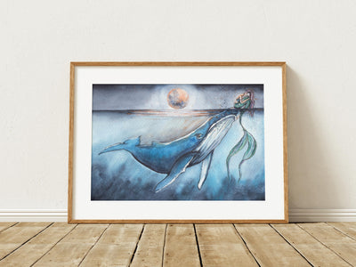 Whale and Mermaid  8x10, 5x7, or 11x14 in Fine Art Print
