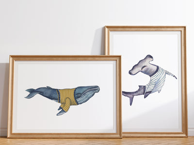 Whale and Hammerhead" 5x7" or 8x10" Set of 2, Fine Art Prints