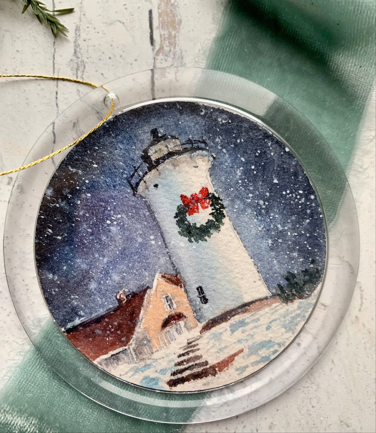 Hand-painted Watercolor "Nobska Light Christmas" Ornament
