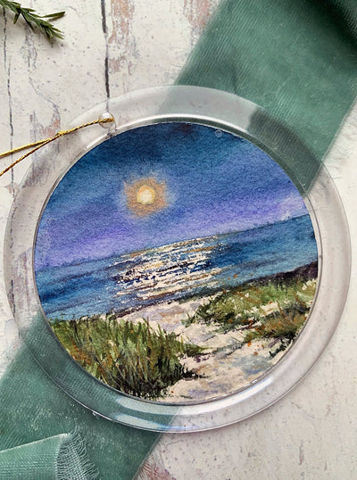 Hand-painted Watercolor "Moonlit Beach" Ornament