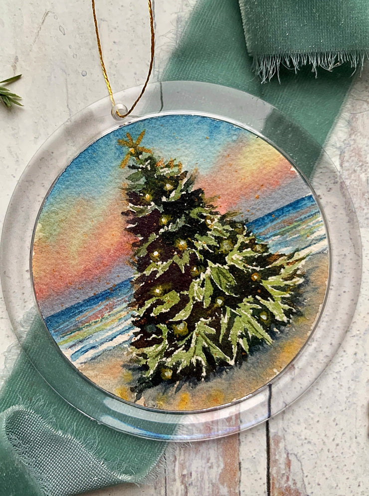 Hand-painted Watercolor " Sunset Christmas beach tree" Ornament