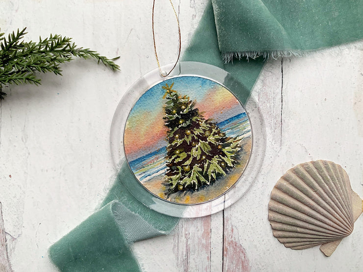 Hand-painted Watercolor " Sunset Christmas beach tree" Ornament