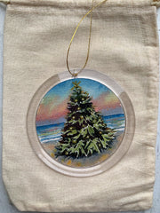 Hand-painted Watercolor " Sunset Christmas beach tree" Ornament