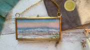 Beach Fence Mini Original Painting in Hanging Brass Frame