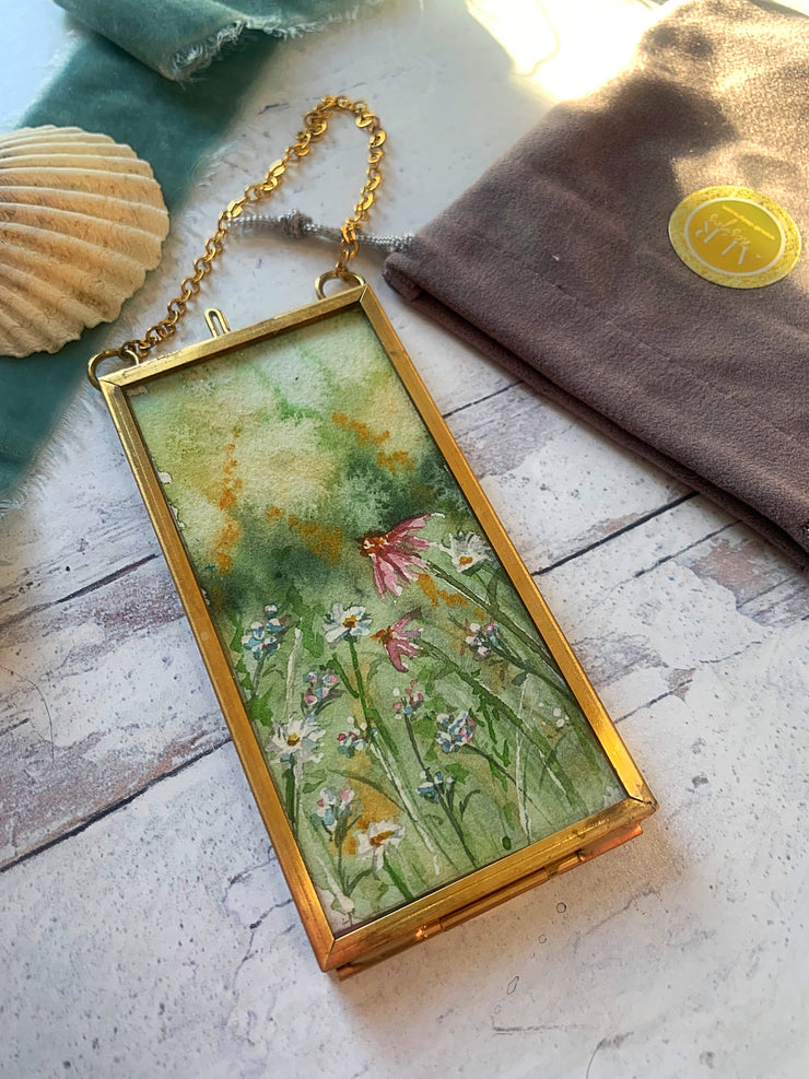 "Summer Wildflowers" Mini Original Painting in Hanging Brass Frame