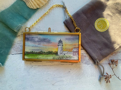 Highland Light Sunset Mini Original Painting in Hanging Brass Frame