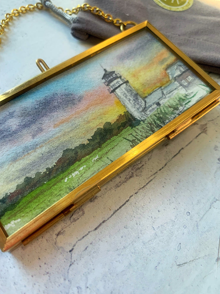Highland Light Sunset Mini Original Painting in Hanging Brass Frame