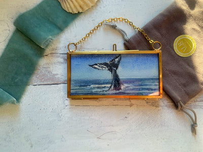 Whale Tail Mini Original Painting in Hanging Brass Frame