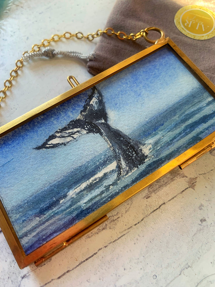Whale Tail Mini Original Painting in Hanging Brass Frame