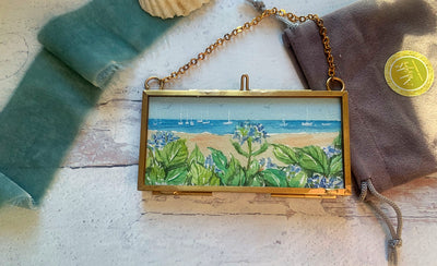 Hyannis Hydrangeas Mini Original Painting in Hanging Brass Frame