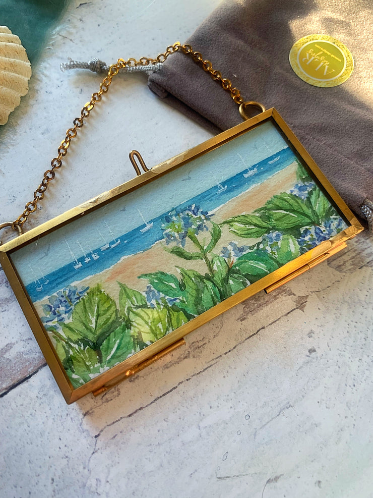 Hyannis Hydrangeas Mini Original Painting in Hanging Brass Frame