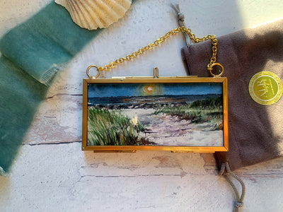 Moonlit Beach Mini Original Painting in Hanging Brass Frame