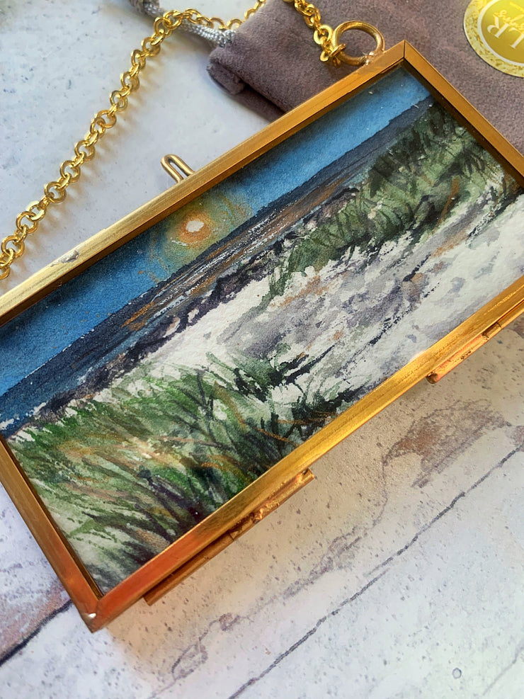 Moonlit Beach Mini Original Painting in Hanging Brass Frame