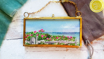 Beach Roses Mini Original Painting in Hanging Brass Frame