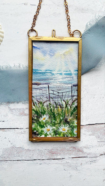 Ocean Daisies, Mini Original Painting in Hanging Brass Frame