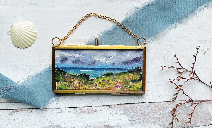 Bayside Wildflowers, Mini Original Painting in Hanging Brass Frame