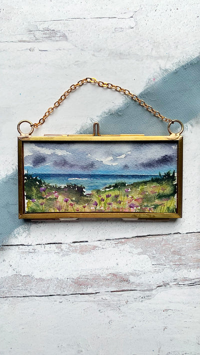 Bayside Wildflowers, Mini Original Painting in Hanging Brass Frame