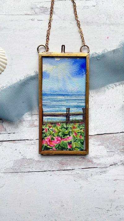Beach Roses by the Sea, Mini Original Painting in Hanging Brass Frame
