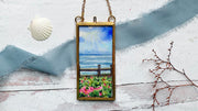 Beach Roses by the Sea, Mini Original Painting in Hanging Brass Frame
