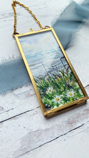 Ocean Daisies, Mini Original Painting in Hanging Brass Frame