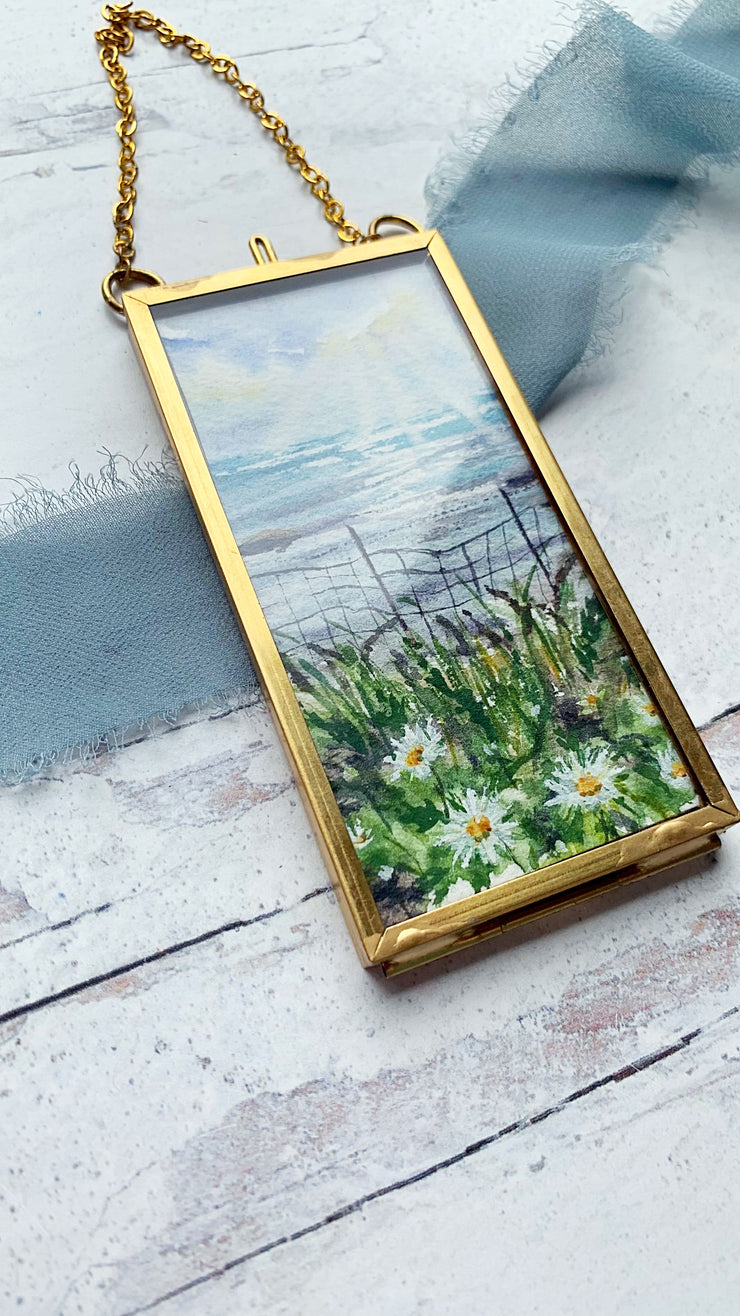 Ocean Daisies, Mini Original Painting in Hanging Brass Frame