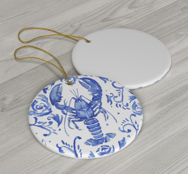 Blue Floral Lobster Ceramic Christmas Ornament