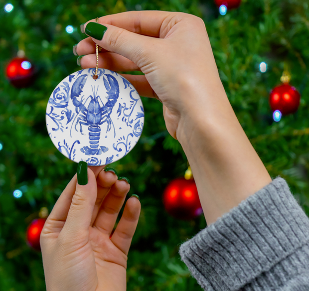 Blue Floral Lobster Ceramic Christmas Ornament