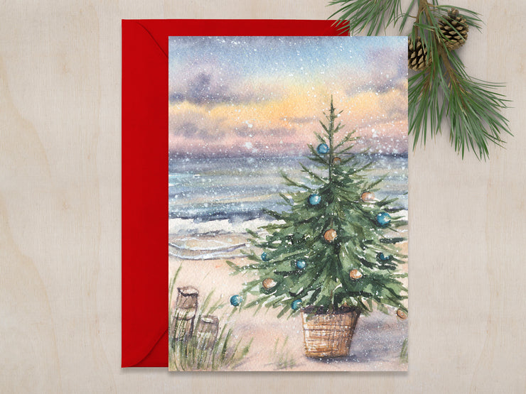 Christmas Beach Tree Basket 5x7 Blank Christmas Greeting Card