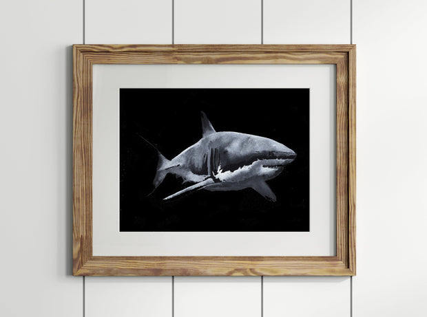 Shark in the Dark Coastal Watercolor Print  11x14 Fine Art by ALR Designs
