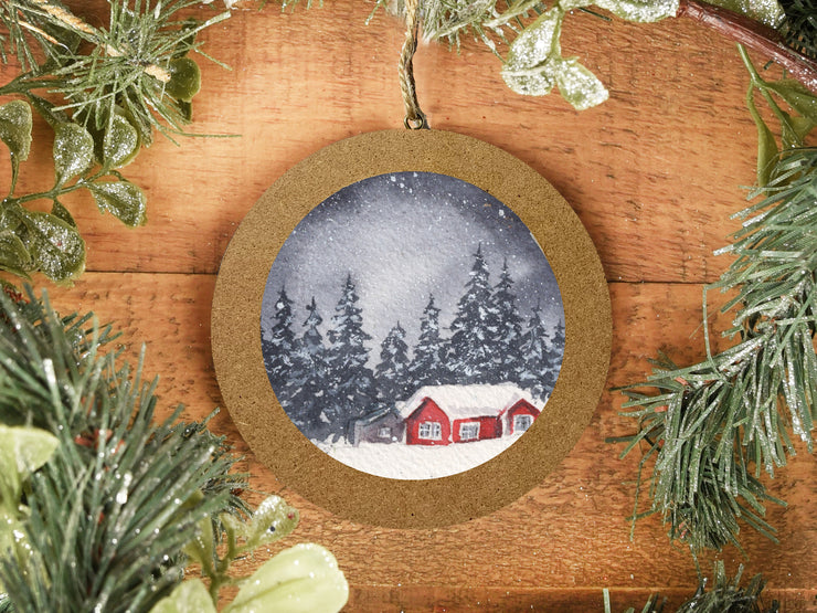 Hand-painted Watercolor "Snowy Cabin" Ornament