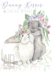 Bunny Kisses & Easter Wishes! Watercolor flower crown bunnies Easter card, bunny lovers blank greeting card for kids and all ages.